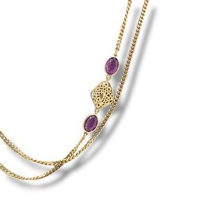 Sarah Coventry Lavender N Lace Necklace Gold Tone Chain Faceted Purple Bezel Set